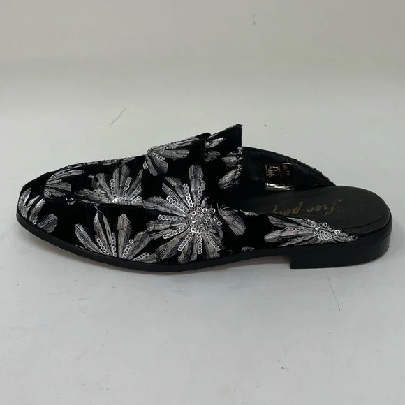 Free People Shoes Black Velvet Mules Silver Embroidered Flowers Size 36 6 - Picture 9 of 14